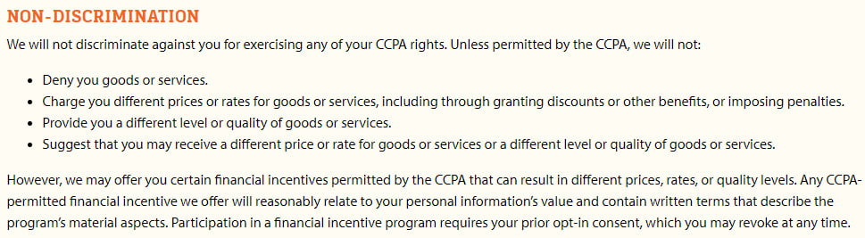 Runza Privacy Notice for CA Residents: Non-Discrimination clause excerpt