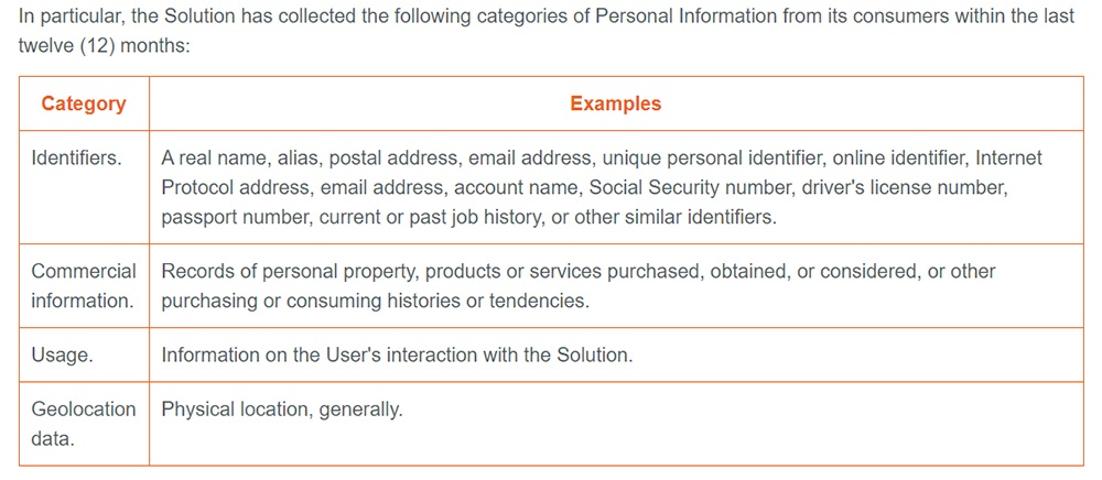 Vertafore Privacy Statement: Categories of Personal Information Collected chart excerpt