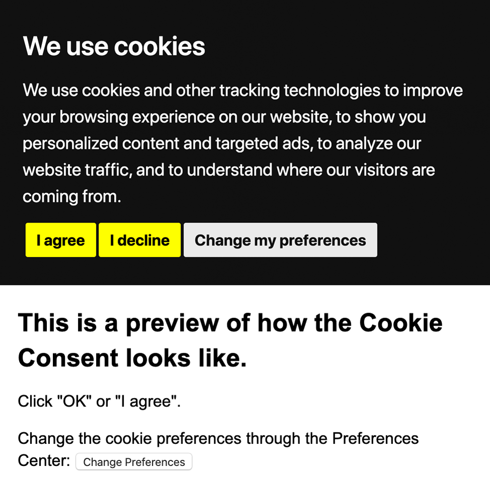 Example of Cookie Consent with GDPR consent preference.