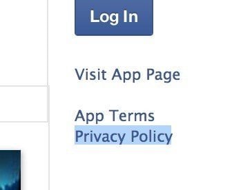 Example of Privacy Policy link in Facebook app