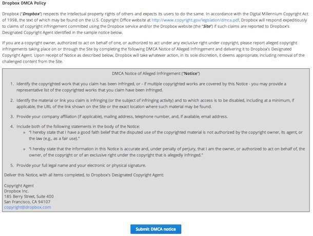 DMCA Notice in Dropbox Terms of Service