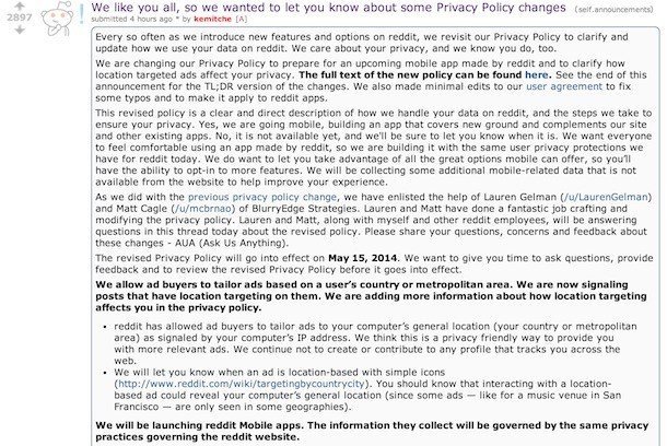 reddit privacy policy post announcement