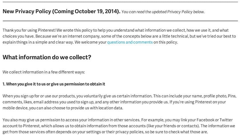 Pinterest New Privacy Policy