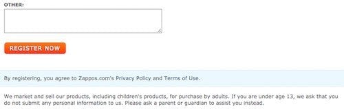 Zappos sign-up: Must agree to Terms of Use &amp; Privacy Policy before