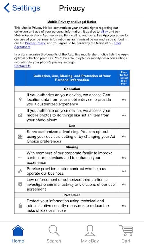 eBay Privacy Policy Embedded on Mobile App