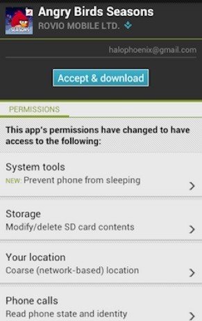 Permissions asked by Angry Birds app