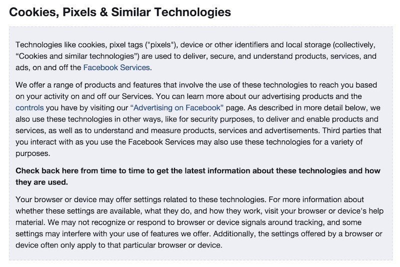 Facebook Screenshot of Cookies Pixels and Similar Page