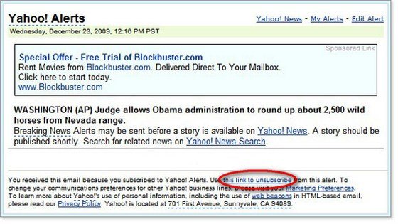 Unsubscribe mechanism from Yahoo Alerts