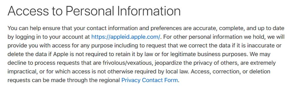 Apple&#039;s Privacy Policy: Access to Personal Information clause