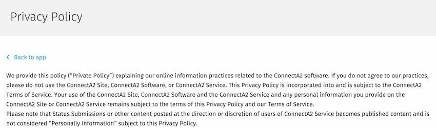 Screenshot of Connect2A Privacy Policy on Firefox Marketplace