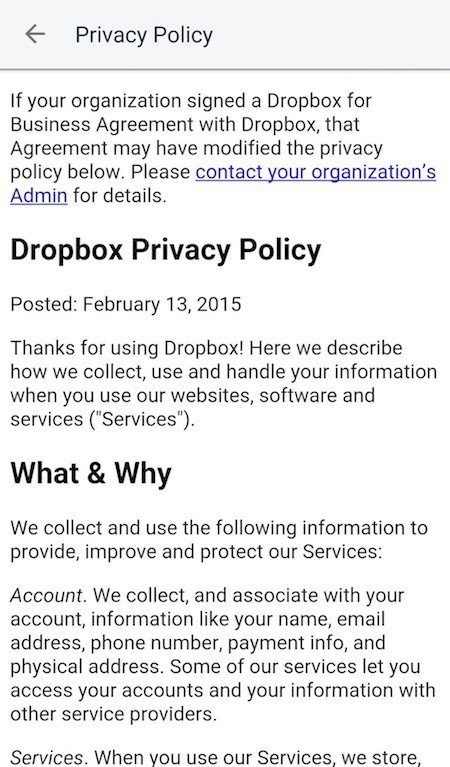 Dropbox, Android App: Embed Privacy Policy Agreement