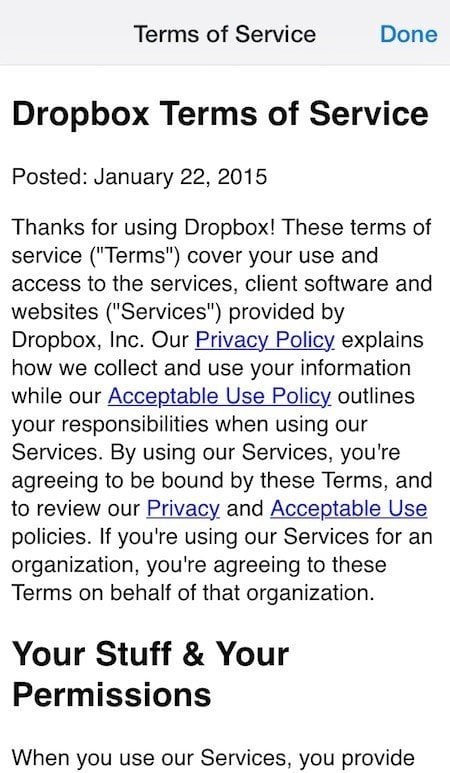 Dropbox embeds its Terms of Service