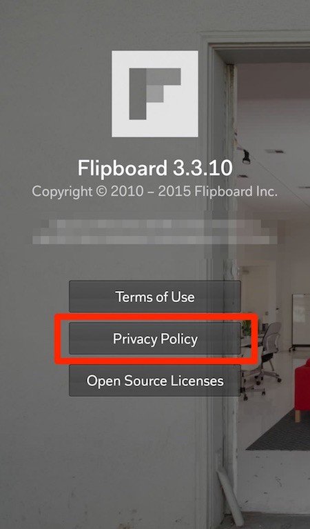 Flipboard, Android app: Highlight Privacy Policy Item