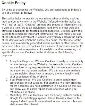 Indeed Cookies Notification In Privacy Policy