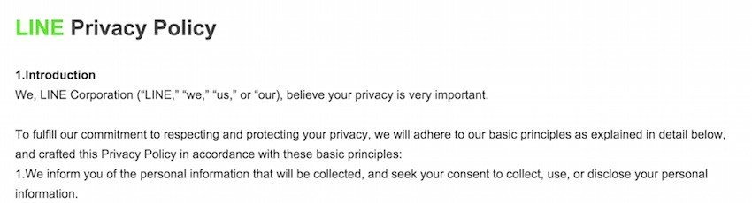 Screenshot of LINE Official Privacy Policy