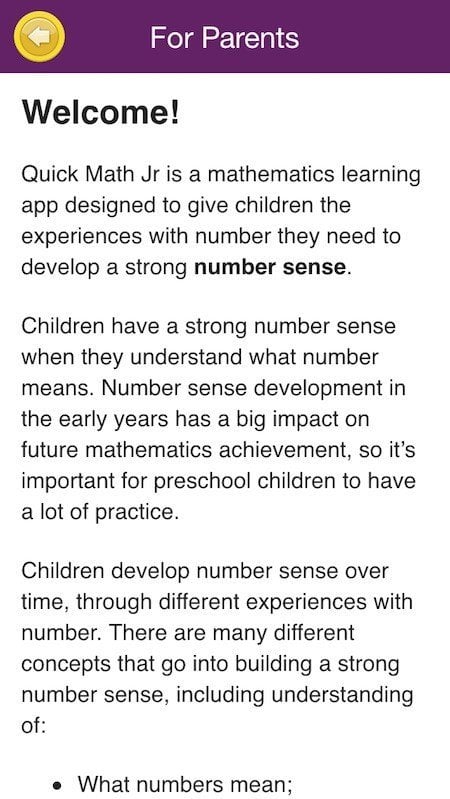 Parents-Only Screen in Quick Maths Jr Game