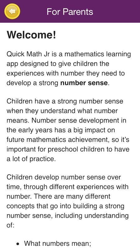 Parents-Only Screen in Quick Maths Jr Game