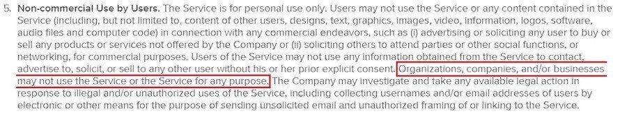 Tinder Non-Commercial Clause in Terms of Service