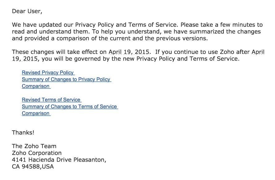 Email sent by Zoho on legal updates