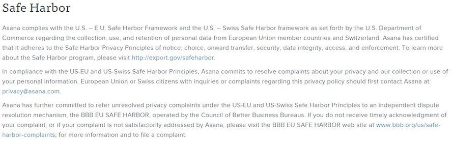 Safe Harbor In Asana Privacy Policy