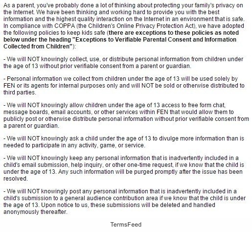 FEN COPPA Section in Privacy Policy