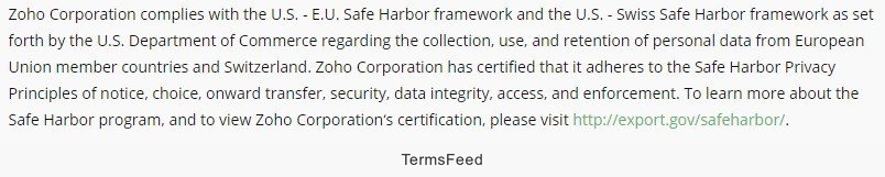 Zoho Safe Harbor Section In Privacy Policy