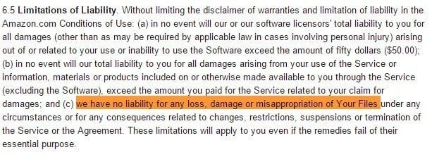 Clause on liability in Amazon Cloud Drive Terms of Use