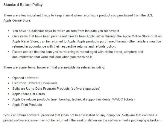 Screenshot of Standard Return Policy from Apple