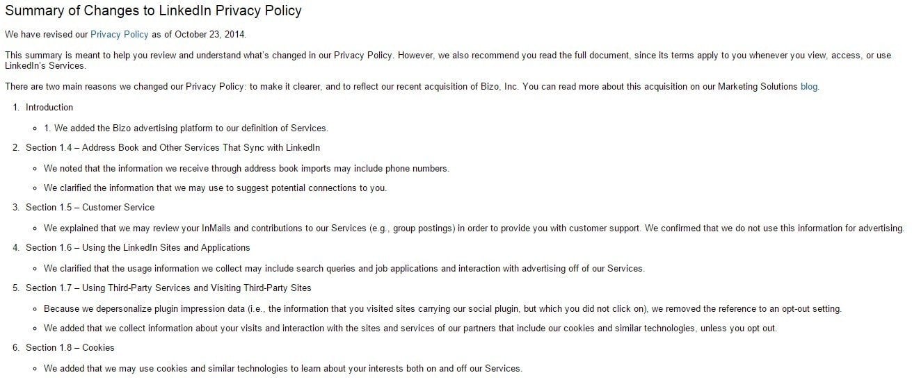 LinkedIn Privacy Policy Summary Page