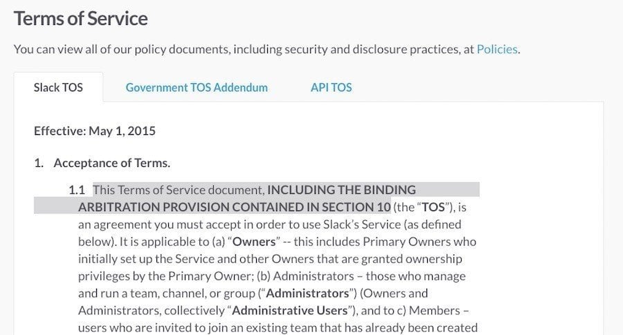 Slack Arbitration in Terms of Service