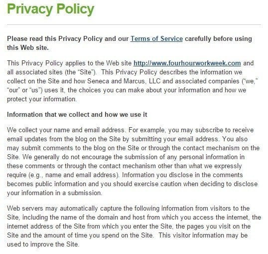 Privacy Policy of Tim Ferris Blog