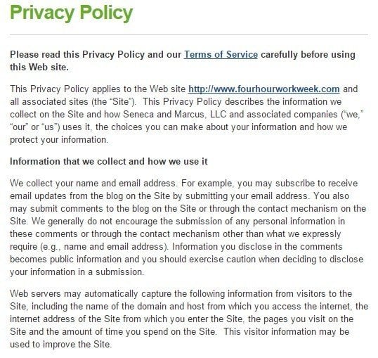 Privacy Policy of Tim Ferris Blog