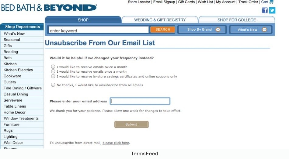 Bed Bath and Beyond: Unsubscribe from Emails