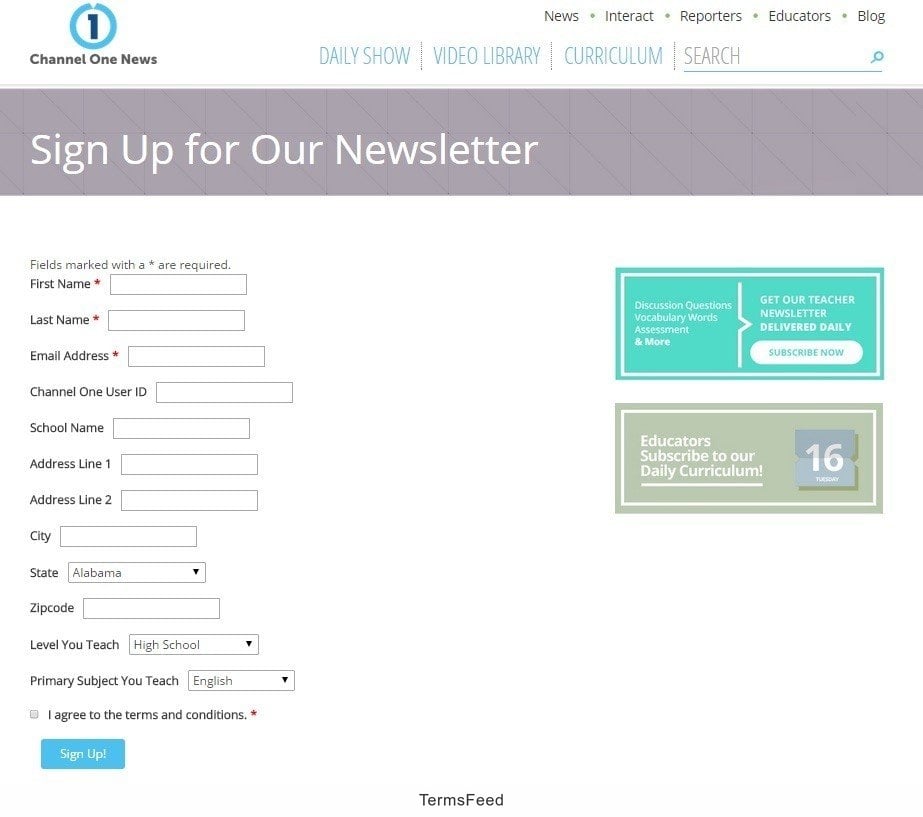 Sign-up Form From Channel One News