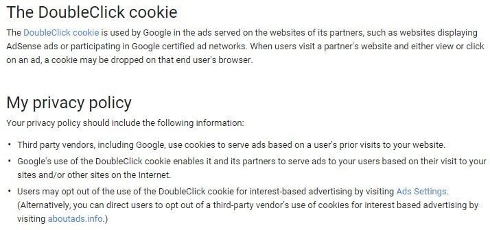 Google DoubleClick Cookie In Privacy Policy