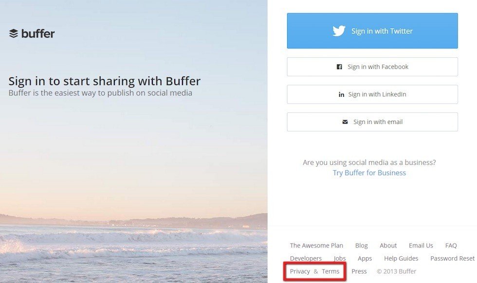 Buffer Website: Privacy &amp; Terms Highlight
