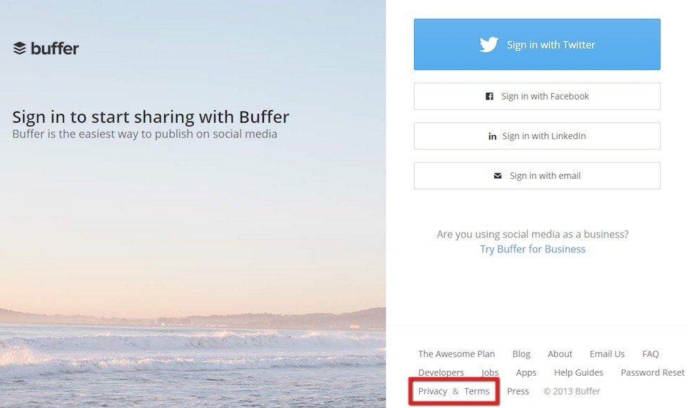 Buffer Website: Privacy &amp; Terms Highlight