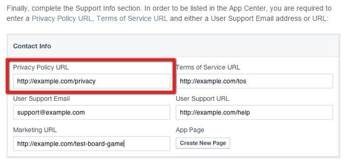 Facebook Contact Info: Highlight Privacy Policy URL