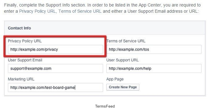 Facebook Contact Info: Highlight Privacy Policy URL
