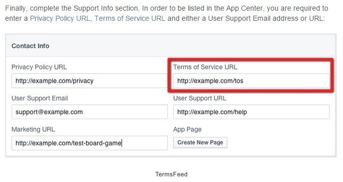 Facebook Contact Info: Highlight Terms of Service URL
