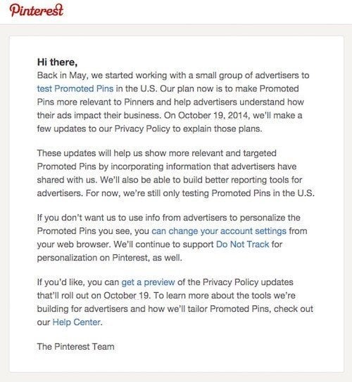 Pinterest Privacy Policy Updates via Email