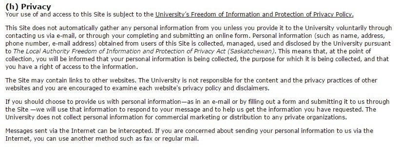 Section of University of Regina Privacy Policy