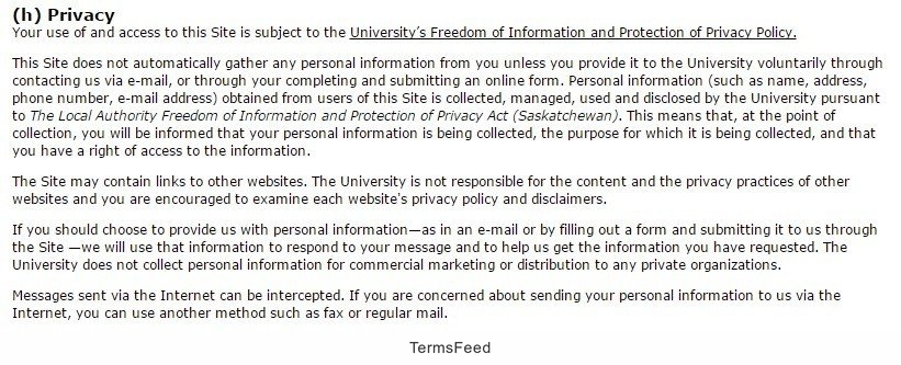 Section of University of Regina Privacy Policy