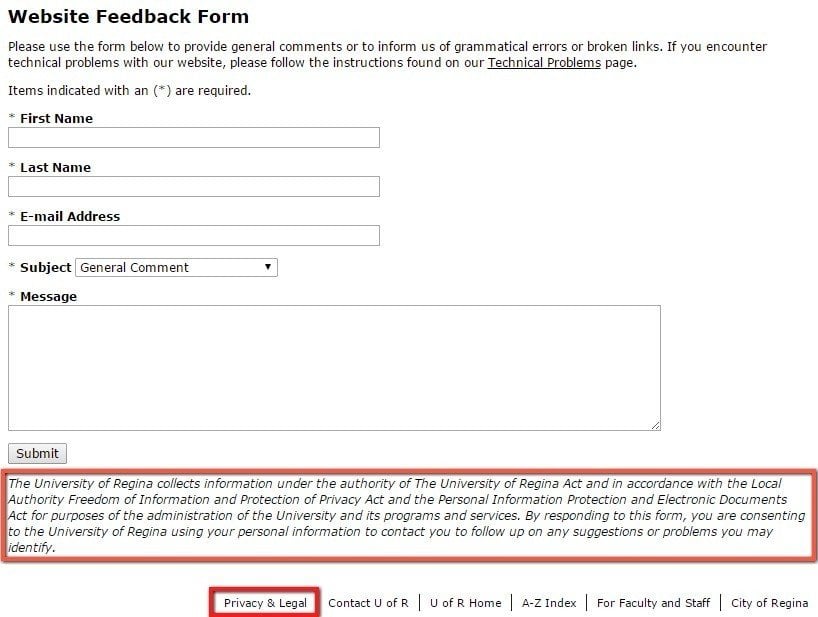 University of Regina Website Feedback Form