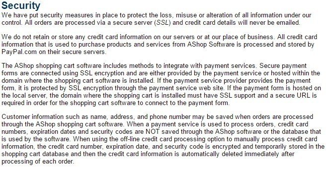 Security Section in AShop Privacy Policy
