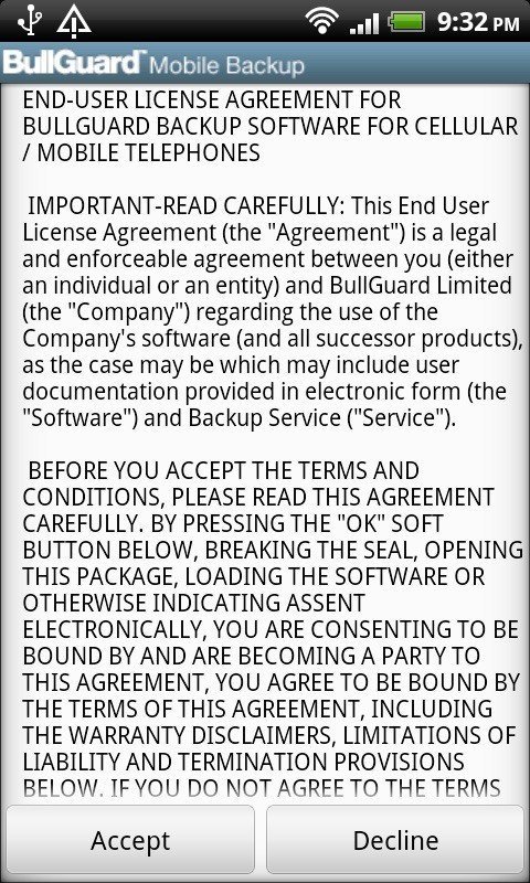 Screenshot of BullGuard Mobile Backup EULA