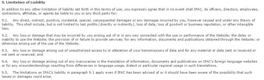 Limitation of Liability in Terms of Use by International Federation of Accountants