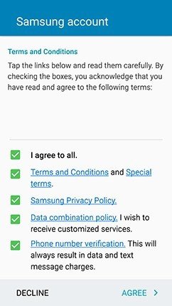 Mobile App of Samsung Account: Accept or Decline Terms &amp; Conditions