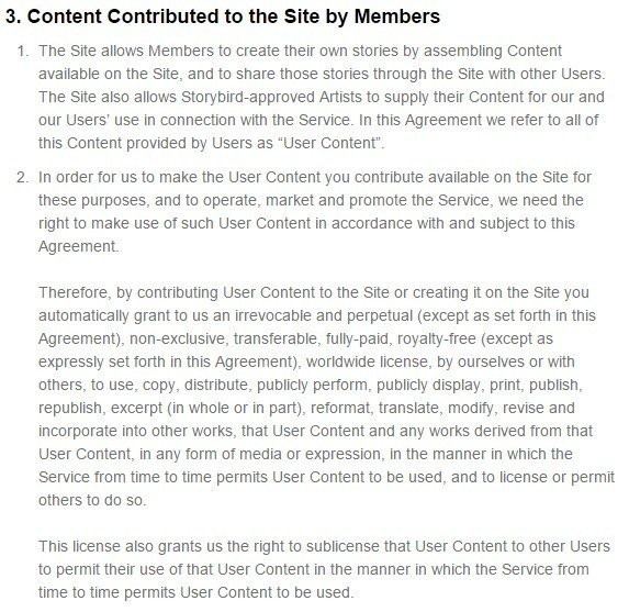 StoryBird Terms of Service: Content Contributed by Members Section