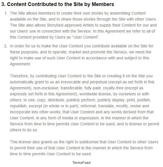 StoryBird Terms of Service: Content Contributed by Members Section